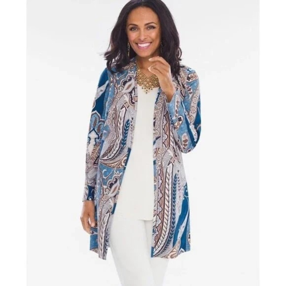 Chico’s Paisley Jacket Coat Topper Faux Suede NWT Chicos Size 0 = XS Blue